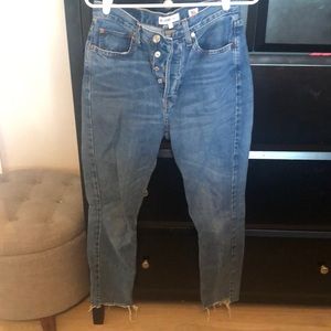 Redone originals. Levi’s slim leg raw hem. High rise ankle crop.